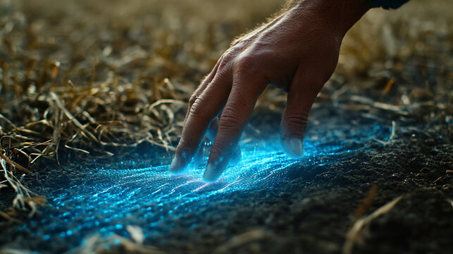 Scientist’s hand interacting with a holographic water purity display in an outdoor field representing environmental analysis, futuristic technology, scientific research, and digital data visualization - Powered by Adobe