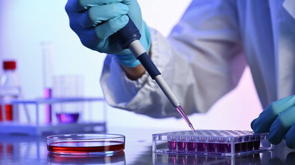 Scientist carefully analyzing sample with pipette for innovative research, promising new discoveries in modern lab, health advancements for brighter future