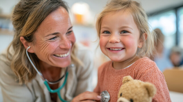 Child with teddy bear and doctor in cheerful setting