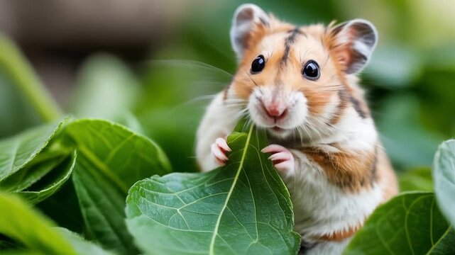 Cute siberian hamster nibbling leaf in lush green natural setting