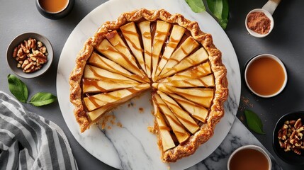 Delicious apple pie sliced on marble surface with caramel drizzle  
