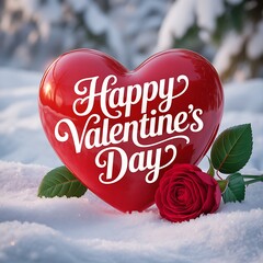 Red heart with happy valentines day text and rose in snow