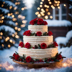 Festive christmas cake with red roses in snow