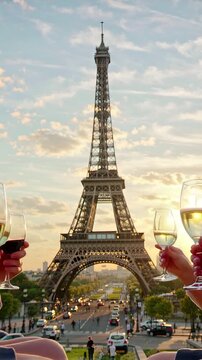 paris celebration: eiffel tower sunset toast with champagne and wine | travel, lifestyle, celebration, romance, cityscape theme
