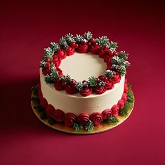 Festive christmas cake with red roses and pine needles
