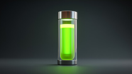Futuristic transparent cylindrical battery with glowing green energy fluid