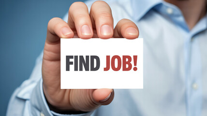 Man holding card saying Find Job offering career opportunity, hiring solutions, and job search assistance, perfect for recruitment marketing and HR services.