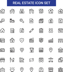 Real estate outline icon set. Containing House, building, rent, property, mortgage, renovation, home loan and more
