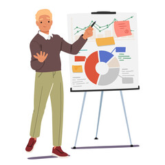 Confident businessman character presenting new business strategy using whiteboard isolated on white