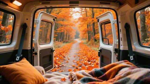 Cozy blankets fill the back of a camper van while open doors reveal a glowing autumn forest path. Warm orange leaves blanket the road, creating a cinematic wanderlust moment filled with calm seasonal 