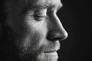 Smiling man close-up portrait in black and white