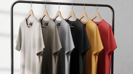 T-shirt collection video showcasing modern casual apparel in vibrant colors hanging on a rack perfect for fashion and retail marketing campaigns