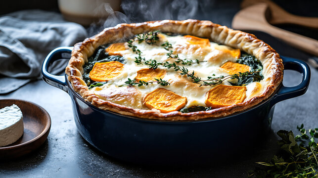 Savory vegetable pie baked with cream and herbs in blue dish  