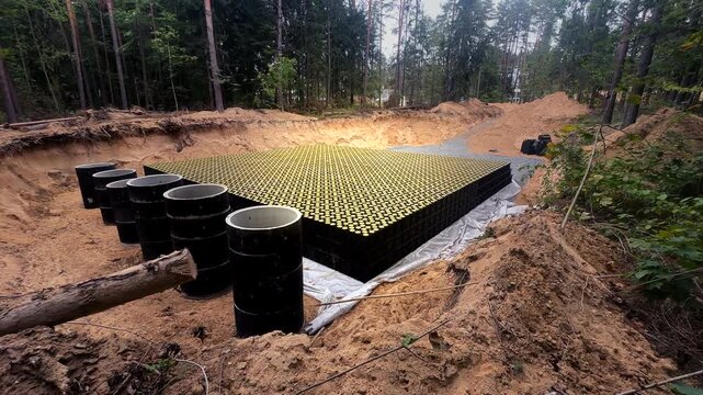 Infiltration system for treatment wastewater. Stormwater infiltration systems construction. Homeseptic. Rainwater Collection. Wastewater treatment system. Infiltration Underground Water Storage Tank. 