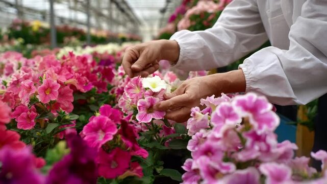 Medium shot of a botanist crosspollinating vibrant ornamental flowers to develop new color variations in a controlled greenhouse setting.