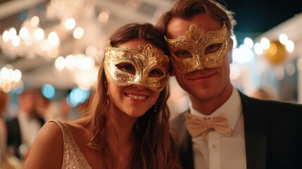 Couple in gold masquerade masks at festive event