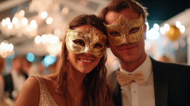 Couple in gold masquerade masks at festive event