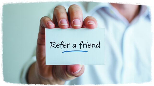 Grow your business with referrals showing a hand holding a card that reads Refer a friend, a simple way to boost brand awareness and attract new customers now