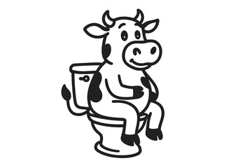 Monochrome cartoon illustration of a cow sitting on a toilet, isolated on a white background