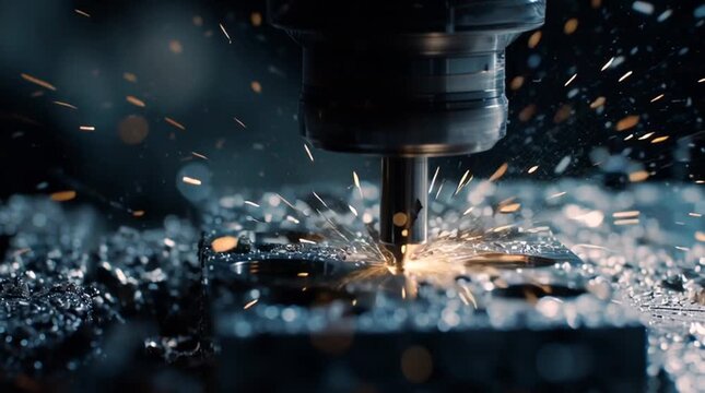  a precision machining process at a manufacturing site. The tool shapes metal with spinning components, creating intricate designs. Sparks and shavings fly during operation