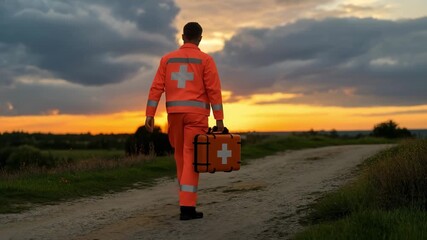 Healthcare hero walking toward stunning sunset, carrying first aid kit in rural setting, ready to provide medical assistance and save lives