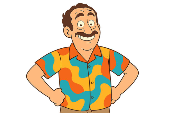 A middle-aged man, amused and sporting a goofy grin with raised eyebrows, wearing a brightly colored shirt, stands in a comical pose with his hands on his hips