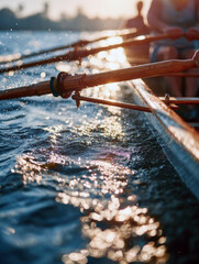 rowing crew on the water at sunrise or sunset. Focus is on the wooden oars and the sparkling, splashing water. Captures the speed, teamwork, fitness, and golden light of the sport.
