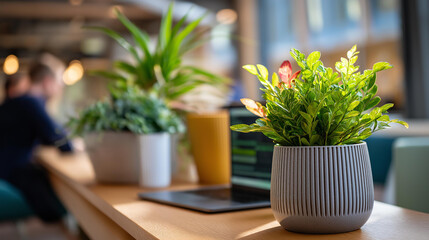 Modern coworking space with plants and laptop promoting wellbeing and productivity defocused background elements contemporary workspace design professional environment