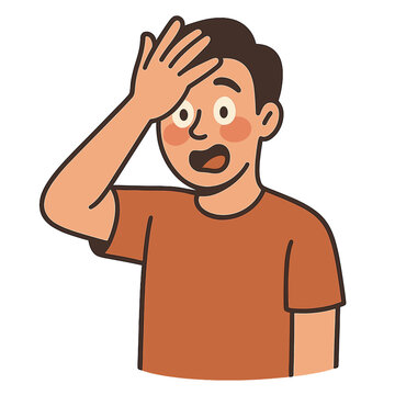 A young adult's face brightens with a humorous mix of surprise and embarrassment, palm on forehead in a duh moment