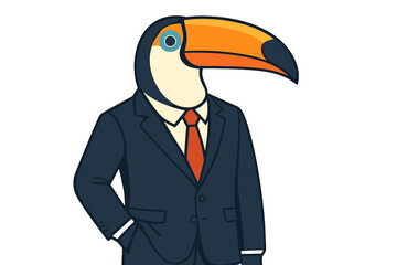 Obraz premium A toucan with anthropomorphic features in a business suit, symbolizing a -based business concept enhanced by human traits