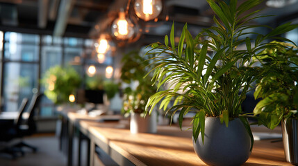 Modern office coworking space evening lighting atmosphere plants throughout interior defocused workspace elements contemporary professional environment relaxed business