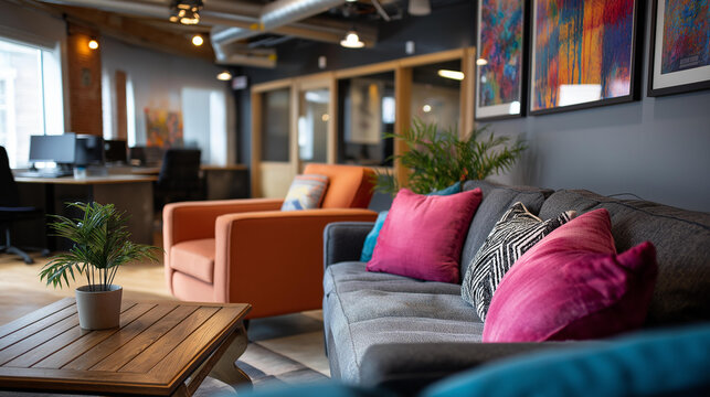 Contemporary reception area with eclectic furniture vibrant artwork display modern coworking space entrance defocused background elements professional welcome area creative