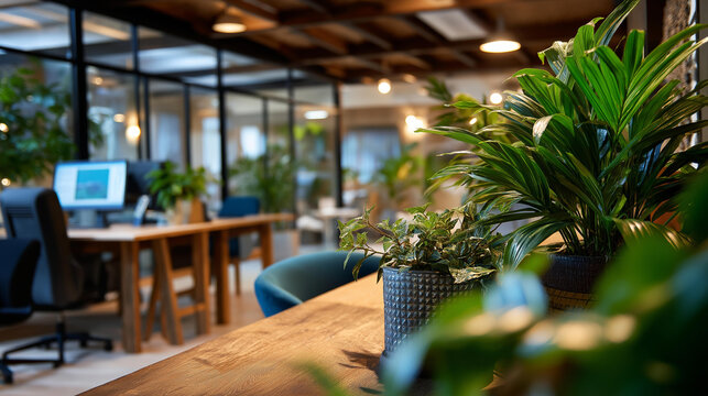 Coworking space with biophilic design elements natural materials integration green plants throughout modern workspace aesthetic defocused background contemporary office