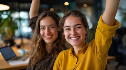 Obraz premium Two successful faceless young businesswomen celebrating with raised hands coworking place achievement defocused background workspace modern professional environment