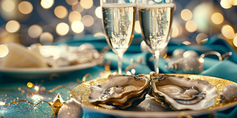 Luxury Christmas celebration with fresh oysters on ice and glasses of champagne on a festive table. Elegant French holiday atmosphere with golden bokeh lights.