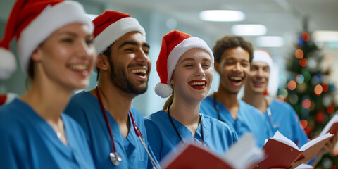 Group of smiling medical professionals in scrubs and Santa hats singing Christmas carols in a hospital corridor decorated for the holidays.