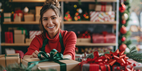 Smiling female small business owner preparing Christmas gift packaging in a cozy decorated workspace