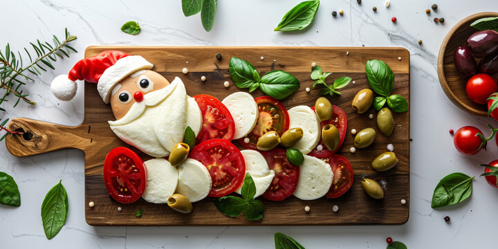 Festive Christmas appetizer styled as Santa Claus face, made from slices of mozzarella cheese, tomato slices, cherry tomato, olives and herbs