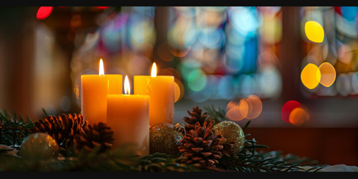 Three glowing candles surrounded by fir branches, pine cones, and ornaments, standing on a table in a church interior with colorful stained glass windows in the background.