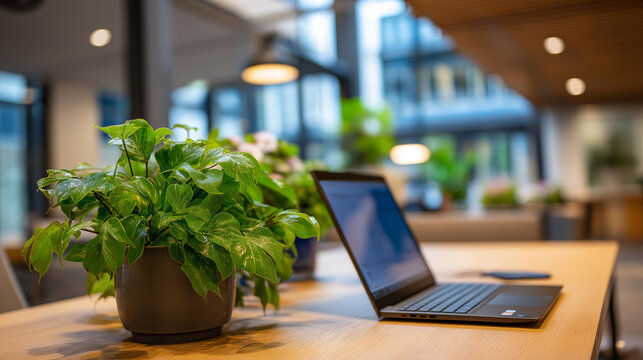 Modern coworking space with plants and laptop promoting wellbeing and productivity defocused background elements contemporary workspace design professional environment
