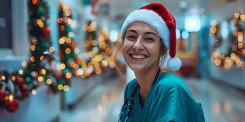 Portrait of a young female nurse wearing a Santa hat and smiling in a hospital corridor decorated for Christmas