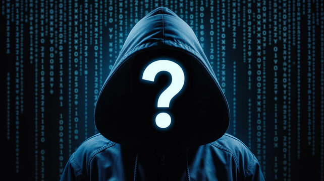 Uncover the Mystery A hooded figure shrouded in digital darkness with a glowing question mark for cybersecurity concepts and tech unknowns
