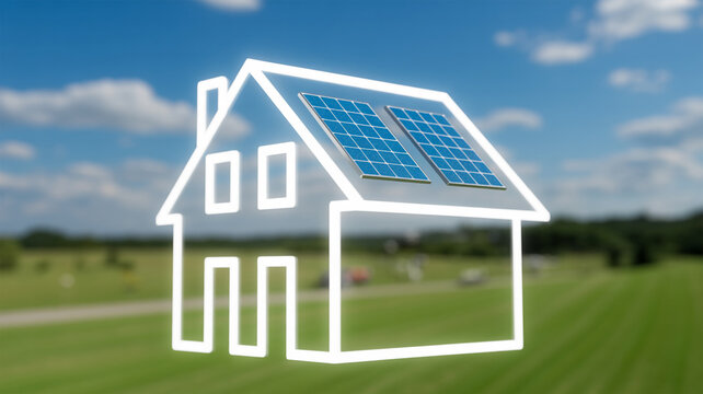 Sustainable living with solar panels on home in green field under blue sky, showcasing modern eco friendly energy and clean technology solutions