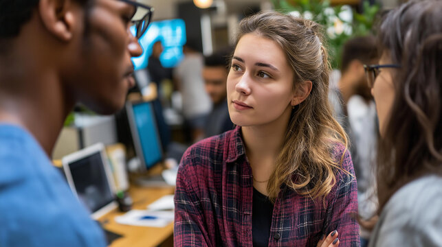 Young faceless colleagues discussing ideas coworking office environment defocused background workspace professional collaboration modern shared space design contemporary - Powered by Adobe