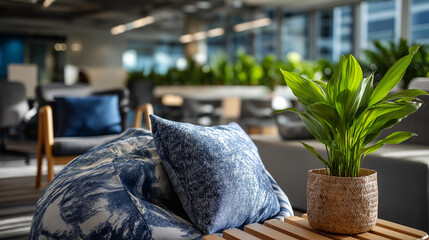 Modern coworking open space office with plants beanbag chairs arrangement defocused background elements contemporary workspace design professional environment relaxed