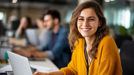 Diverse group of faceless creative colleagues on laptops modern office setting Hispanic female graphics designer working defocused colleagues in background contemporary