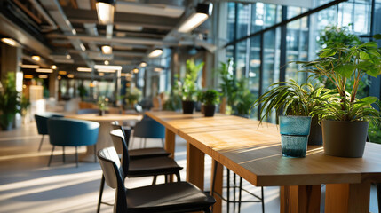 Fototapeta premium Modern open plan office interior with coworking space communal area design natural light flooding defocused workspace elements great for startups freelancers contemporary
