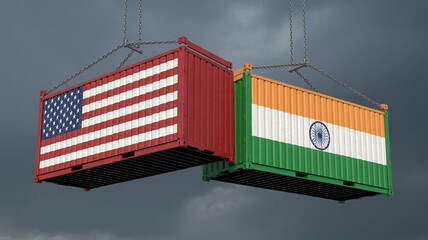 USA and India trade, shipping containers with flags symbolizing global commerce and partnership in exports and imports, reflecting international relations