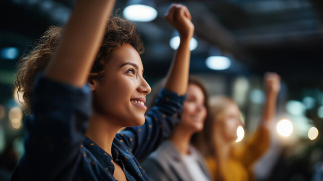 Group of successful faceless young businesspeople with raised hands coworking place celebration modern workspace environment defocused background professional achievement