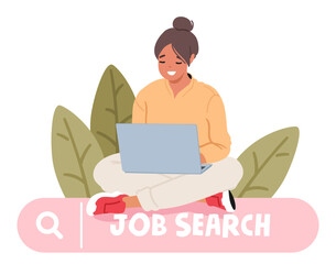 Woman with laptop to search job opportunities online on digital platforms for career advancement